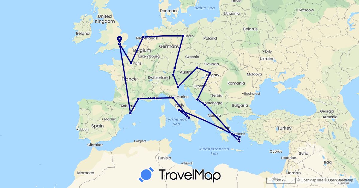 TravelMap itinerary: driving in Austria, Germany, Spain, France, United Kingdom, Greece, Croatia, Hungary, Italy, Netherlands (Europe)