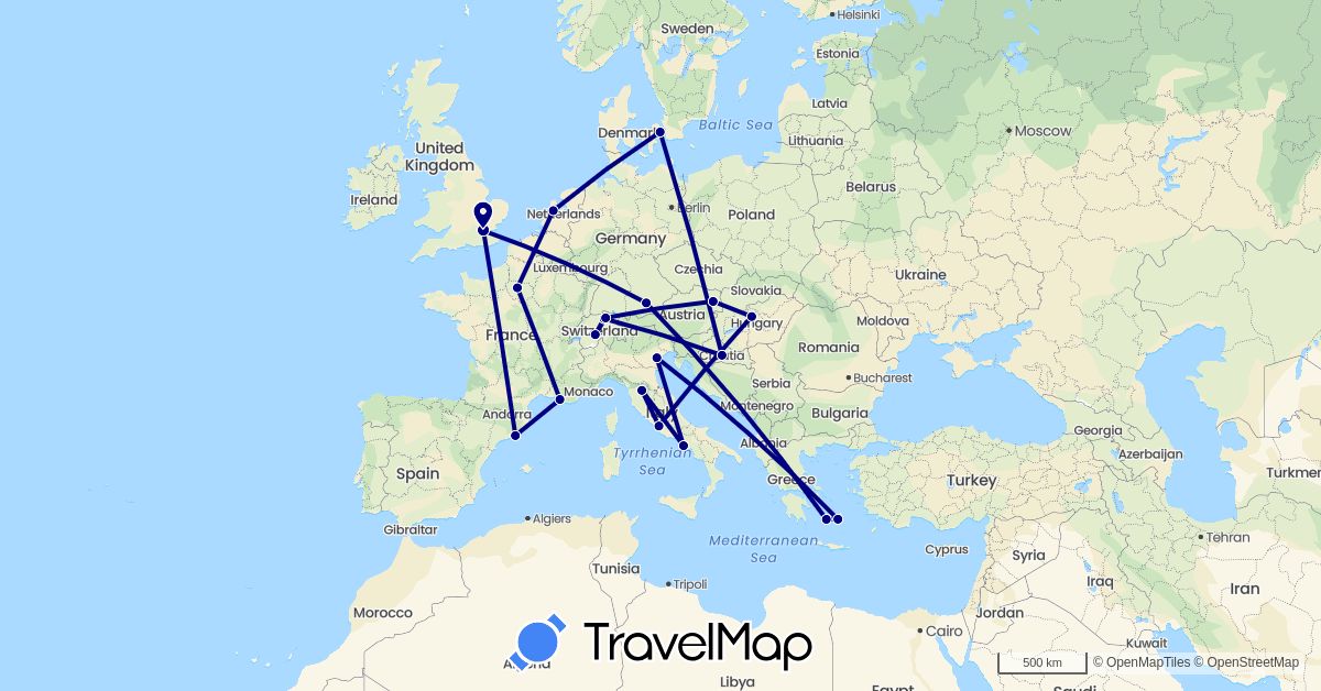 TravelMap itinerary: driving in Austria, Switzerland, Germany, Denmark, Spain, France, United Kingdom, Greece, Croatia, Hungary, Italy, Netherlands (Europe)