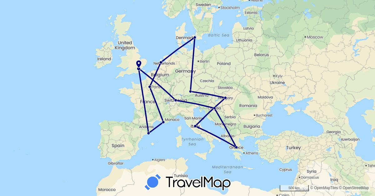 TravelMap itinerary: driving in Switzerland, Germany, Denmark, Spain, France, United Kingdom, Greece, Croatia, Hungary, Italy, Netherlands (Europe)
